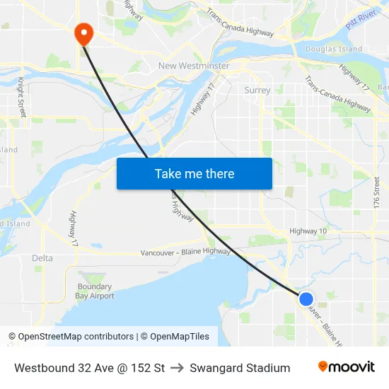 Westbound 32 Ave @ 152 St to Swangard Stadium map