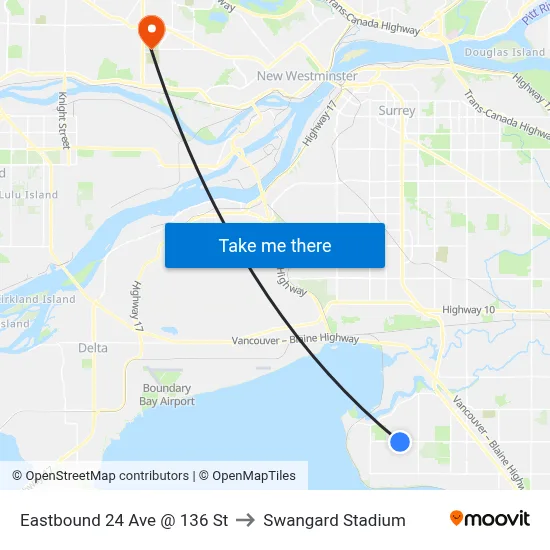 Eastbound 24 Ave @ 136 St to Swangard Stadium map