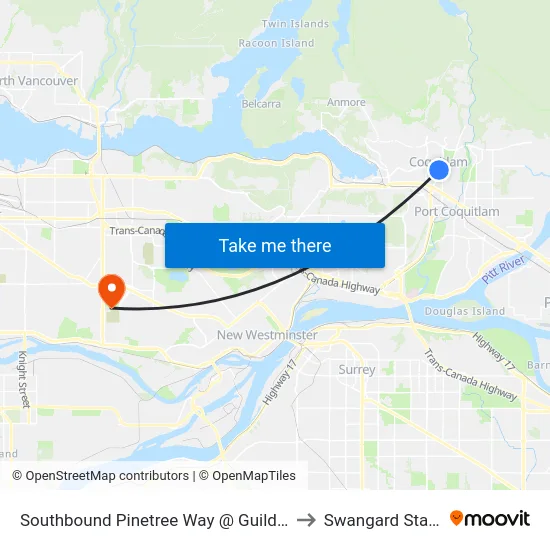 Southbound Pinetree Way @ Guildford Way to Swangard Stadium map