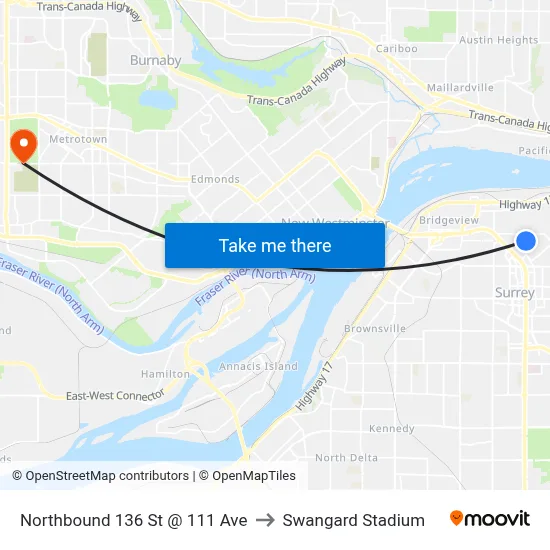 Northbound 136 St @ 111 Ave to Swangard Stadium map