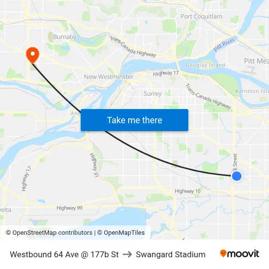 Westbound 64 Ave @ 177b St to Swangard Stadium map