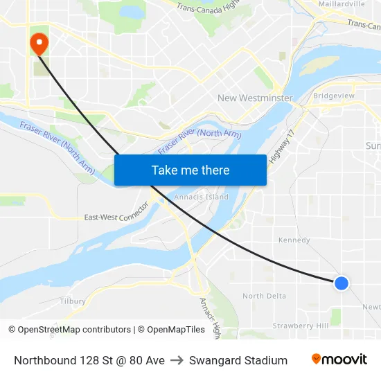 Northbound 128 St @ 80 Ave to Swangard Stadium map