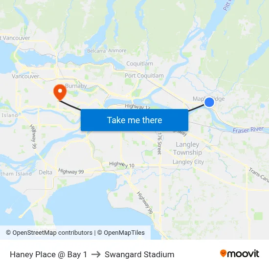 Haney Place @ Bay 1 to Swangard Stadium map