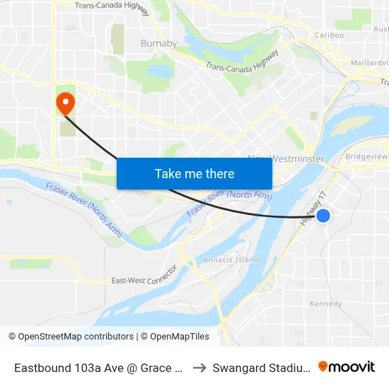 Eastbound 103a Ave @ Grace Rd to Swangard Stadium map