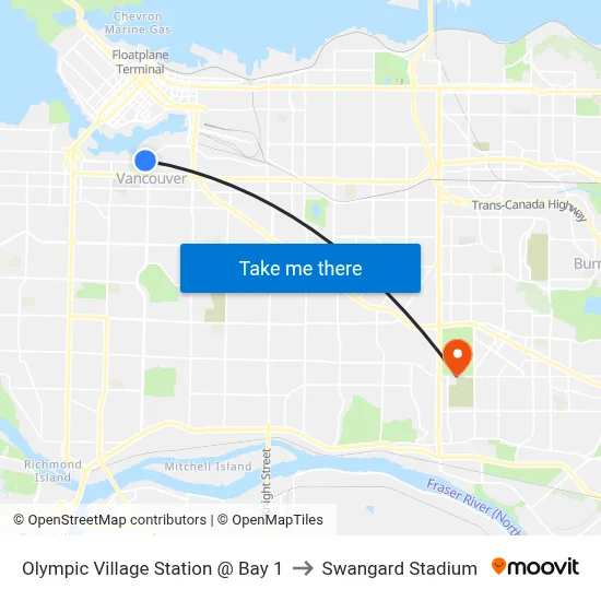 Olympic Village Station @ Bay 1 to Swangard Stadium map