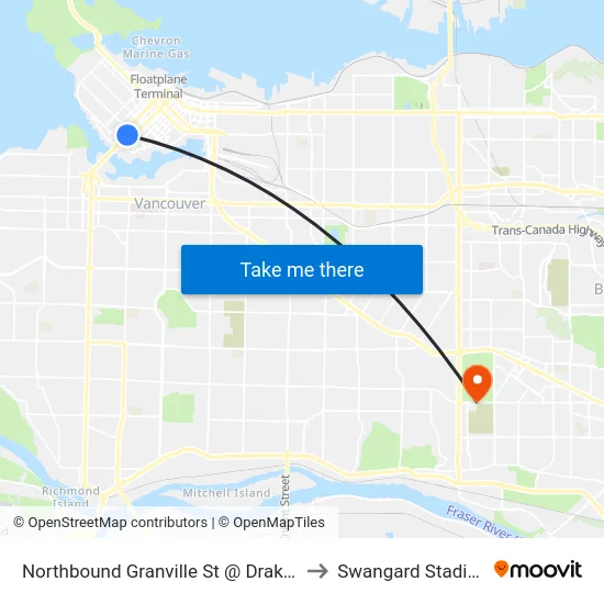 Northbound Granville St @ Drake St to Swangard Stadium map