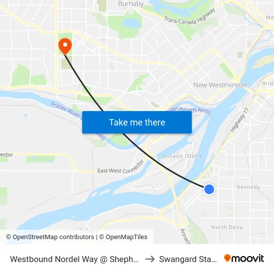 Westbound Nordel Way @ Shepherd Way to Swangard Stadium map