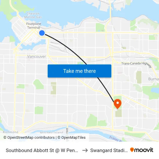 Southbound Abbott St @ W Pender St to Swangard Stadium map