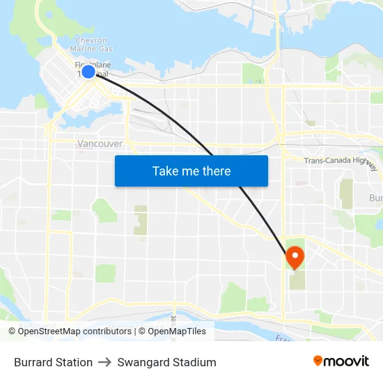 Burrard Station to Swangard Stadium map