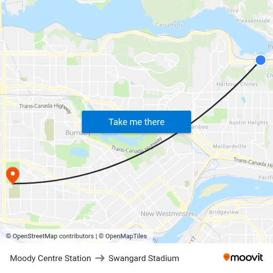 Moody Centre Station to Swangard Stadium map