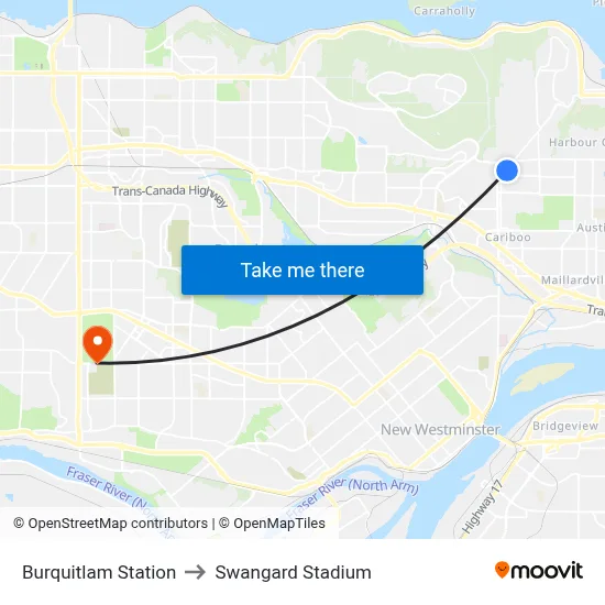 Burquitlam Station to Swangard Stadium map