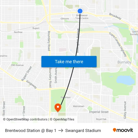 Brentwood Station @ Bay 1 to Swangard Stadium map