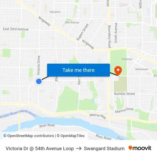 Victoria Dr @ 54th Avenue Loop to Swangard Stadium map