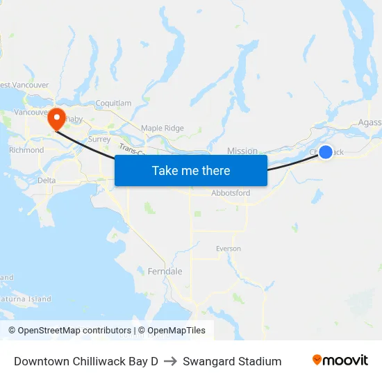 Downtown Chilliwack Bay D to Swangard Stadium map