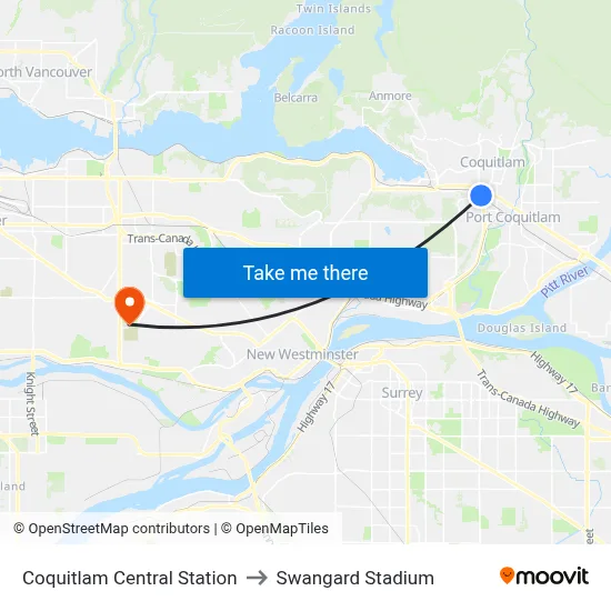 Coquitlam Central Station to Swangard Stadium map