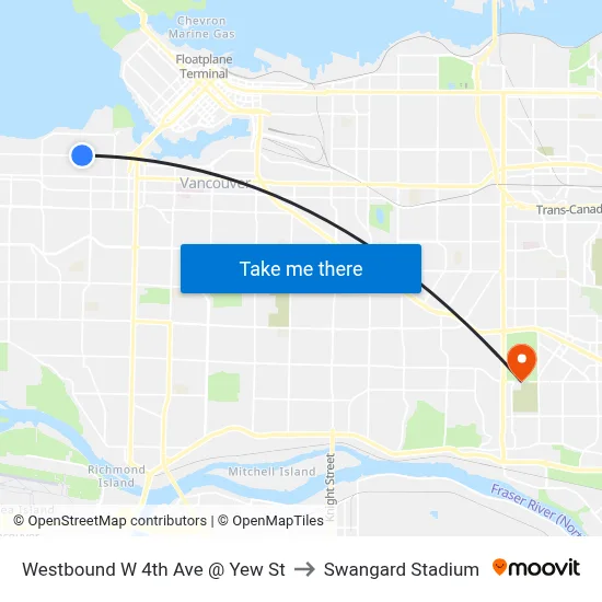 Westbound W 4th Ave @ Yew St to Swangard Stadium map