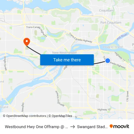 Westbound Hwy One Offramp @ 156 St to Swangard Stadium map