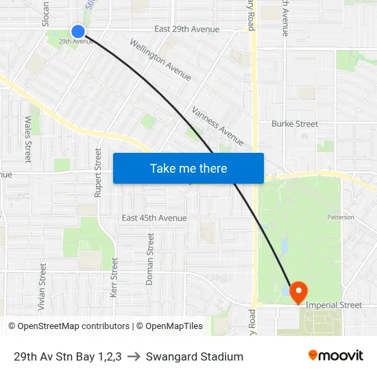 29th Av Stn Bay 1,2,3 to Swangard Stadium map