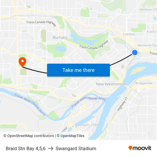 Braid Stn Bay 4,5,6 to Swangard Stadium map