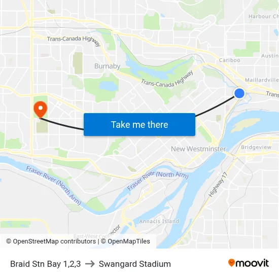 Braid Stn Bay 1,2,3 to Swangard Stadium map