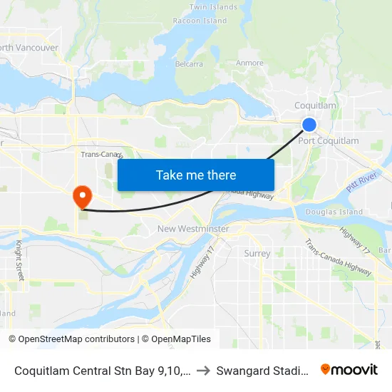Coquitlam Central Stn Bay 9,10,11 to Swangard Stadium map