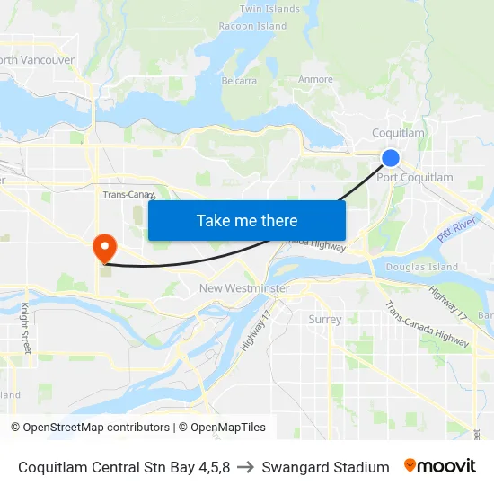 Coquitlam Central Stn Bay 4,5,8 to Swangard Stadium map