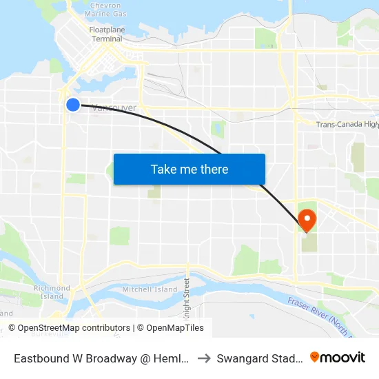 Eastbound W Broadway @ Hemlock St to Swangard Stadium map