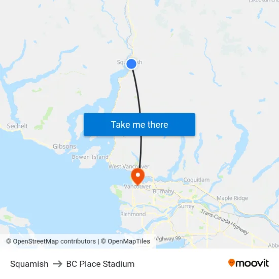 Squamish to BC Place Stadium map