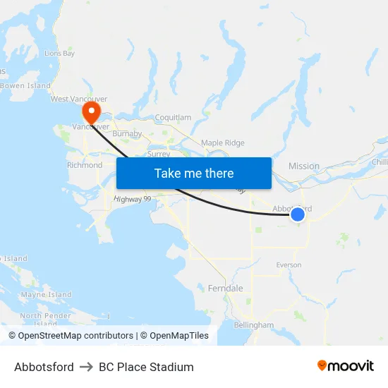 Abbotsford to BC Place Stadium map