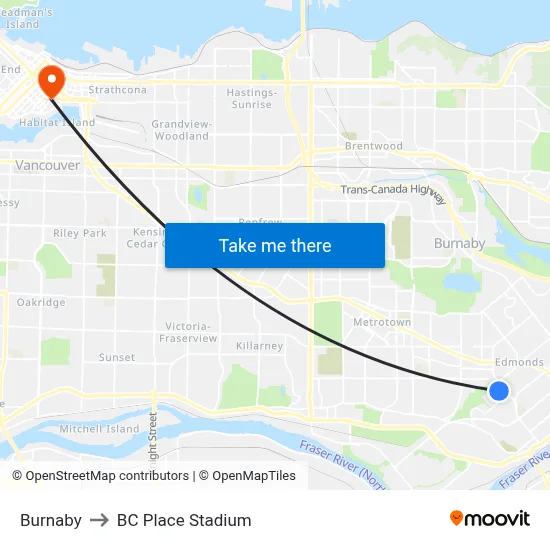 Burnaby to BC Place Stadium map