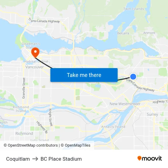 Coquitlam to BC Place Stadium map