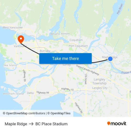 Maple Ridge to BC Place Stadium map