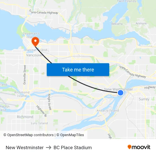 New Westminster to BC Place Stadium map