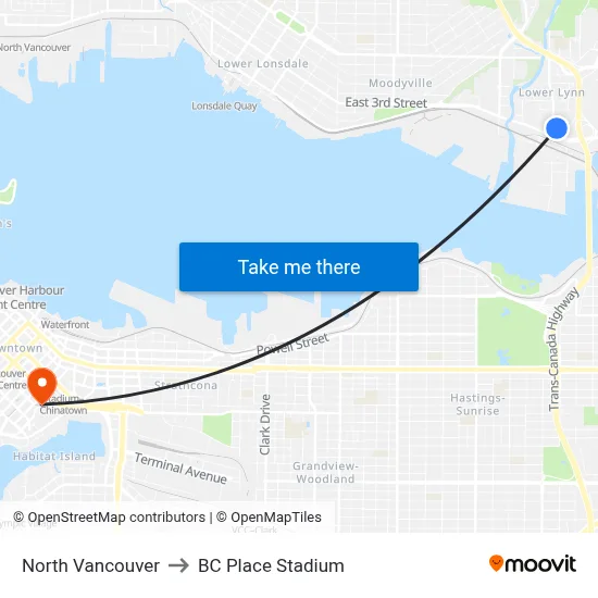 North Vancouver to BC Place Stadium map