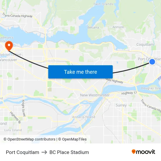 Port Coquitlam to BC Place Stadium map