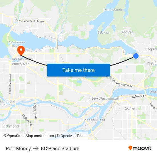 Port Moody to BC Place Stadium map