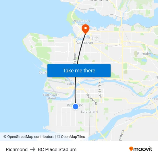 Richmond to BC Place Stadium map