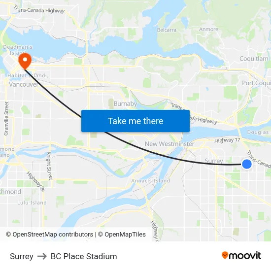 Surrey to BC Place Stadium map