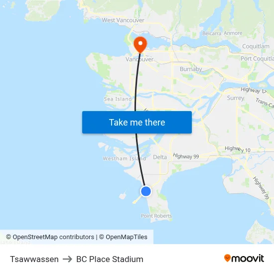 Tsawwassen to BC Place Stadium map