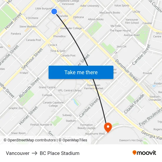 Vancouver to BC Place Stadium map