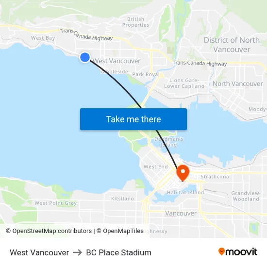 West Vancouver to BC Place Stadium map