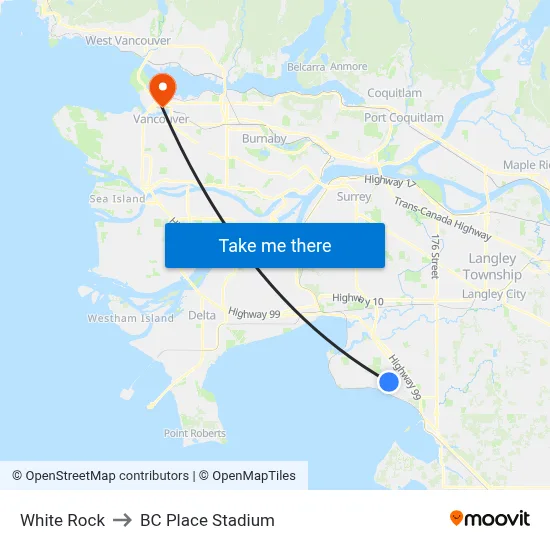 White Rock to BC Place Stadium map