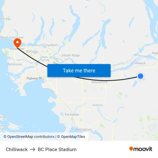 Chilliwack to BC Place Stadium map