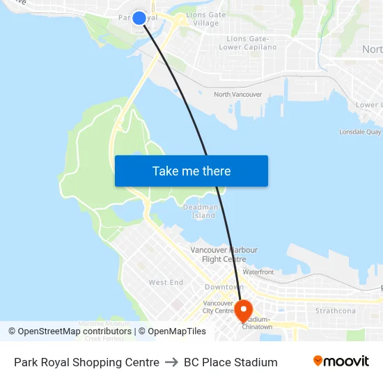 Park Royal Shopping Centre to BC Place Stadium map