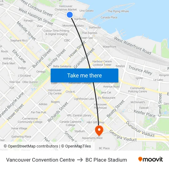 Vancouver Convention Centre to BC Place Stadium map