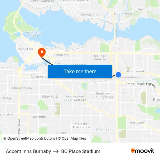 Accent Inns Burnaby to BC Place Stadium map
