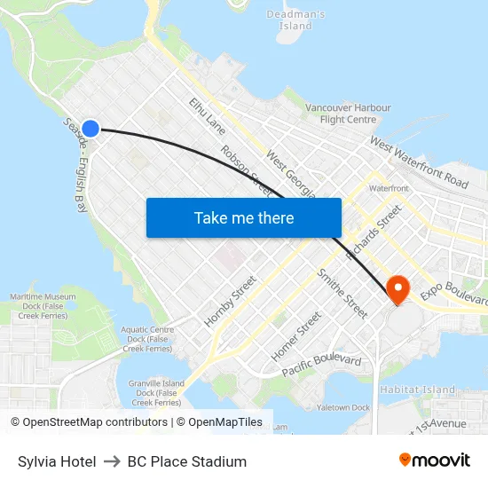 Sylvia Hotel to BC Place Stadium map