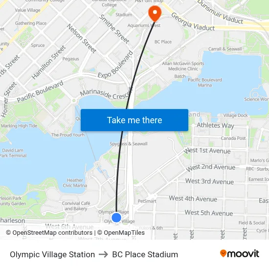 Olympic Village Station to BC Place Stadium map