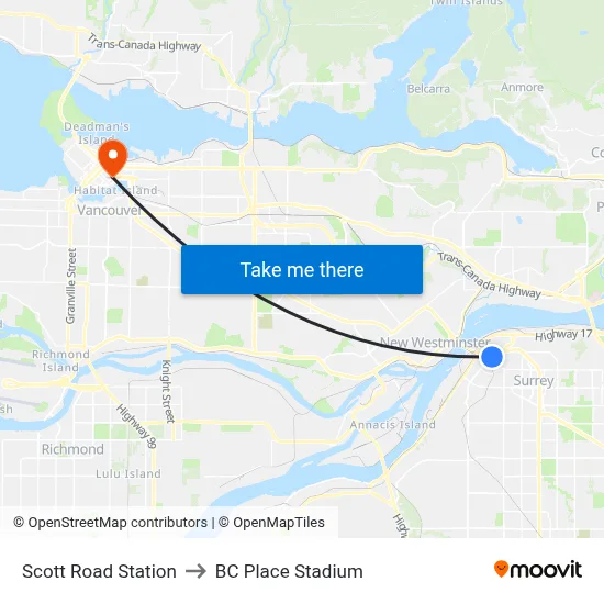 Scott Road Station to BC Place Stadium map