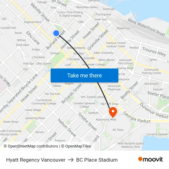 Hyatt Regency Vancouver to BC Place Stadium map